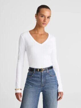 Madewell Women's Compact 1x1 Long Sleeve V Neck Tee White Size Large NWT